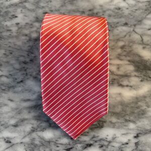 Peter Millar Mens Silk Necktie Coral Red White Diagonal Stripe Made in USA 58in